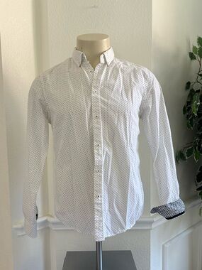 White Long-Sleeve Dot Print Button-Up Shirt